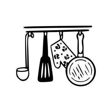 kitchen utensils hanging black and white clip art preview