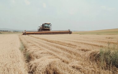 Obraz premium Orange Harvester in Golden Wheat Field
