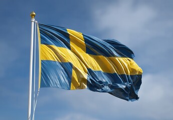 Swedish flag waving against a clear blue sky, showcasing its yellow cross on a blue background.