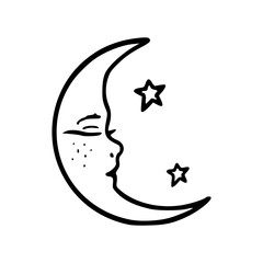 outline drawing of  crescent moon with facial features