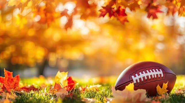 A close-up of an American football resting on a grassy field covered in vibrant autumn leaves. with a warm golden sunset illuminating the scene in the background