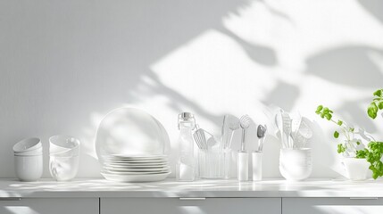 Clean dishes reflecting morning sunlight, immaculate kitchen counter with minimalist touch