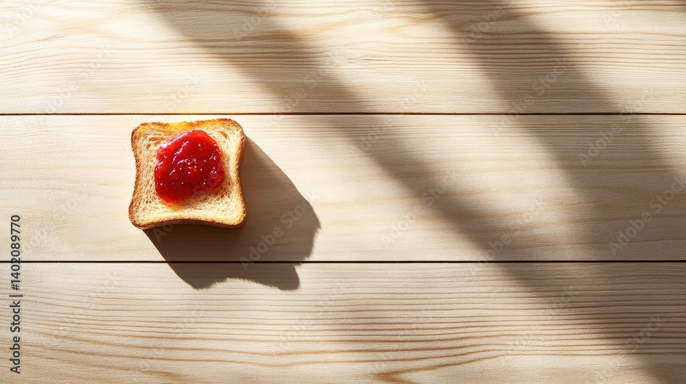 Aufkleber Crispy toast with strawberry jam spread on wood grain background, top view with natural shadows