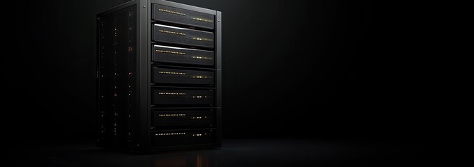 Black server rack with multiple drive bays in a dark room