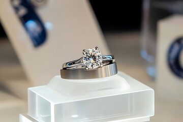 A sleek titanium engagement ring with a hidden diamond, showcased on a white acrylic stand for a modern look.