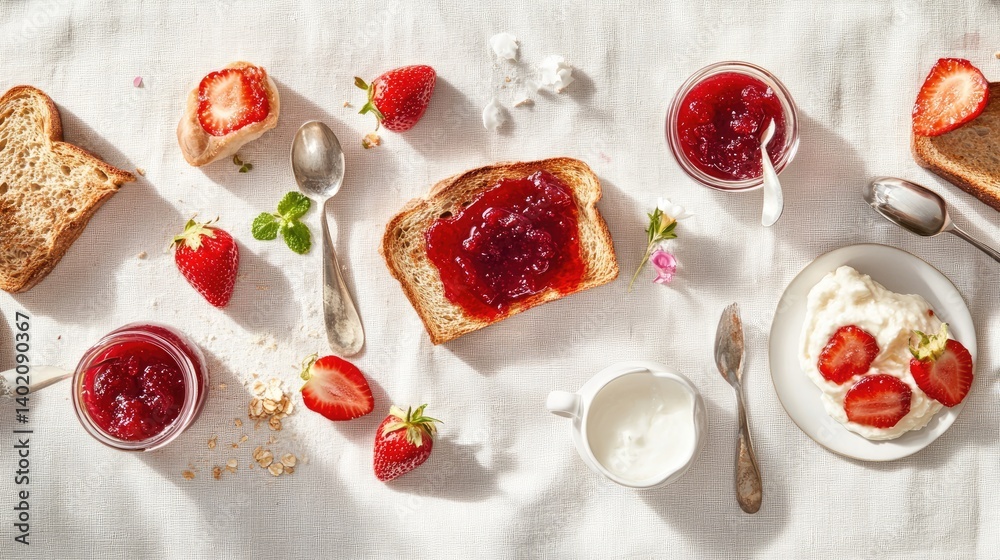 Poster flat lay of homemade jam spread across rustic toast, breakfast setting on neutral tablecloth