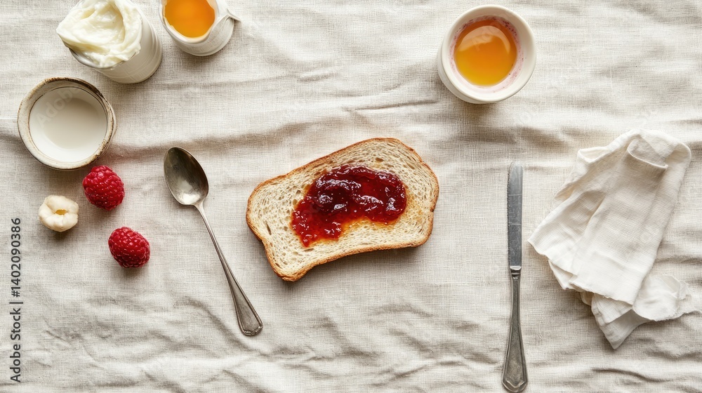 Aufkleber flat lay of homemade jam spread across rustic toast, breakfast setting on neutral tablecloth