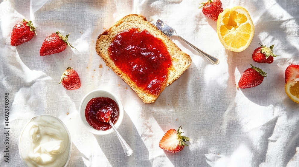 Aufkleber flat lay of homemade jam spread across rustic toast, breakfast setting on neutral tablecloth