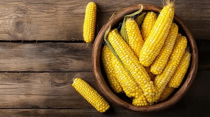 Freshly cooked sweetcorn in a rustic ceramic bowl on wooden surface, healthy vegetarian meal option