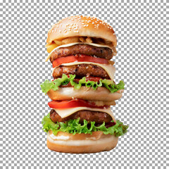 A very tall hamburger, Delicious Juicy Cheeseburger with Fresh Veggies and Sesame Bun on transparent background, png, psd
