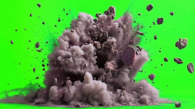 Efectos especiales de explosi&oacute;n de cemento y concreto sobre fondo verde croma. 