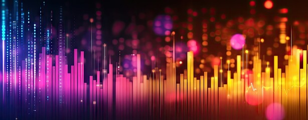 A vibrant city skyline at night showcasing illuminated skyscrapers with colorful lights. creating a dynamic urban atmosphere. perfect for technology and innovation themes