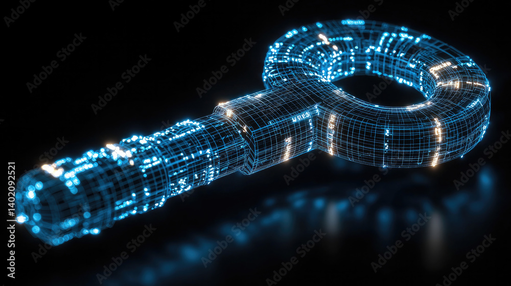 Poster digital key rendered futuristic, wireframe style, showcasing intricate details and glowing elements. This abstract representation symbolizes security and technology, evoking sense of innovation