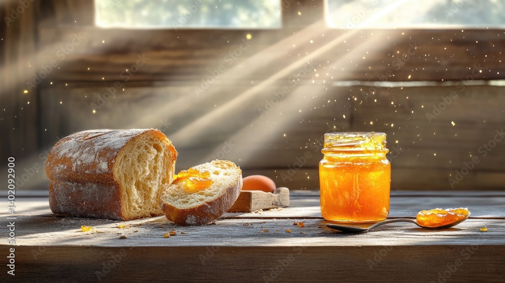 Poster rustic morning setting with artisan bread and golden jam, spoon resting beside an open jar of aprico