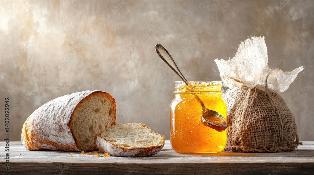 Poster rustic morning setting with artisan bread and golden jam, spoon resting beside an open jar of aprico