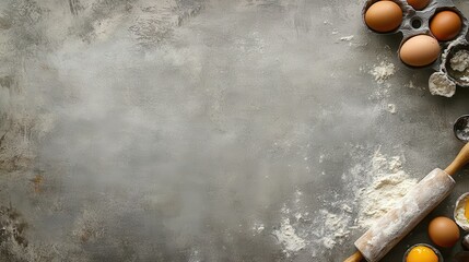 Rustic grey background with eggs, flour and rolling pin in corner. Ideal for displaying a recipe or other cooking related content.