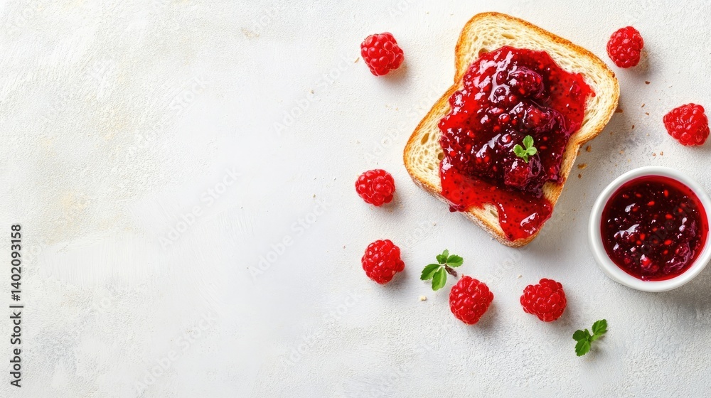 Aufkleber simple toast slice topped with red berry jam on table with natural light, overhead flat lay breakfas