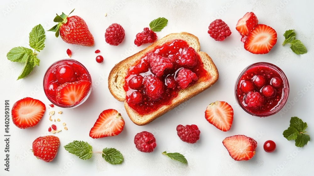 Poster Simple toast slice topped with red berry jam on table with natural light, overhead flat lay breakfast style