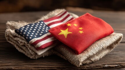 Obraz premium Two national flags on a table symbolizing international relations and tensions between the usa and china