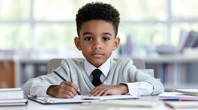 Focused Student Writing at Desk in Bright School Environment with Books and Light Background