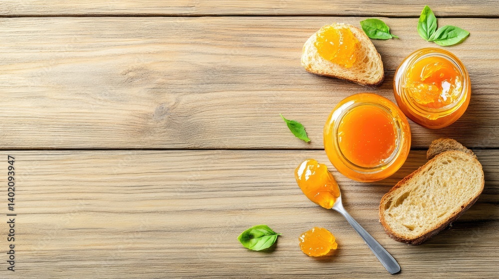 Poster tasty marmalade layered on rustic bread, flat lay snack shot with room for text
