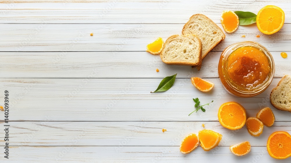 Poster Tasty marmalade layered on rustic bread, flat lay snack shot with room for text