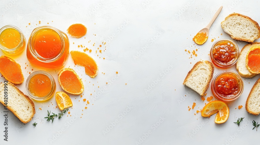 Poster Tasty marmalade layered on rustic bread, flat lay snack shot with room for text