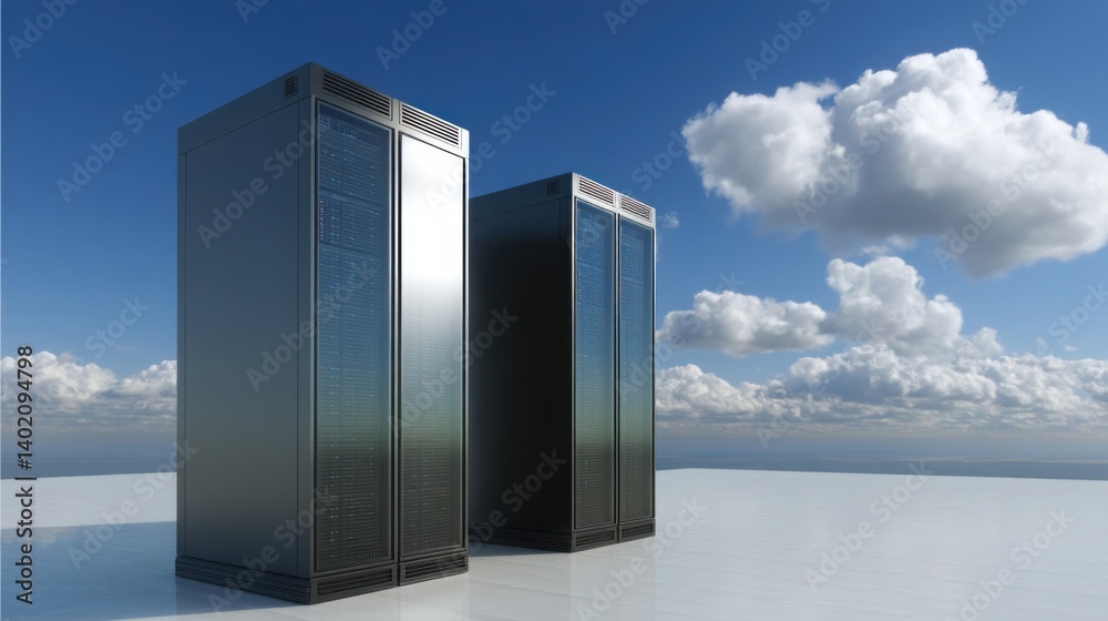 Poster two server towers in a data center with blinking lights indicating activity as they operate in synch