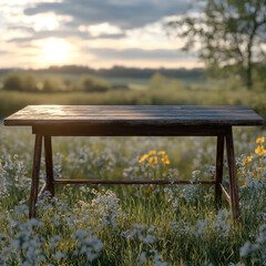 rustic wooden table stands in vibrant field of flowers, illuminated by warm glow of sunset. serene landscape creates peaceful atmosphere, perfect for outdoor gatherings