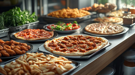 A display of various pizzas, fried chicken, french fries, and salad on a metal countertop surface