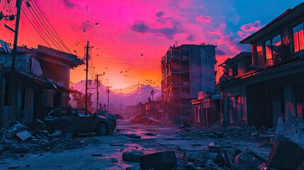 A vibrant post-apocalyptic cityscape at sunset. showcasing colorful skies and crumbling buildings. with debris scattered across the foreground. evoking a sense of desolation and beauty