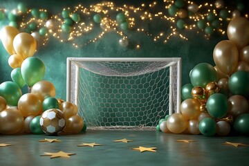 Goal Celebration: A soccer ball sits before a goal, flanked by celebratory balloons and twinkling fairy lights, setting the stage for a joyous achievement.