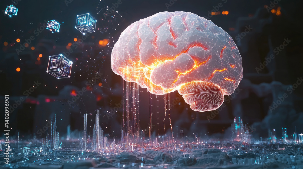 Poster digital representation of brain with glowing neural connections, surrounded by floating geometric shapes and futuristic cityscape. This evokes sense of advanced technology and innovation
