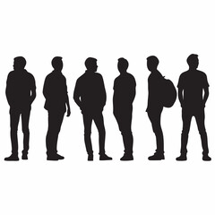 Silhouettes of five young men standing together simple black and white graphic design clean
