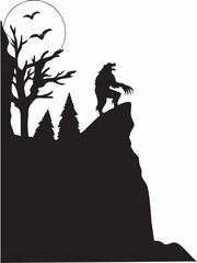 Werewolf howling at moon on clifftop dark silhouette spooky gothic style bats flying trees full moon