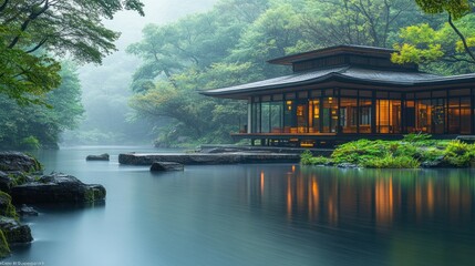Fototapeta premium Serene Japanese teahouse by a misty river