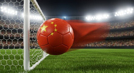Chinese flag soccer ball soaring into stadium goal during international match