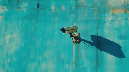 Security camera is mounted on a weathered, bright blue textured wall. Use to illustrate surveillance, security, or privacy concerns.