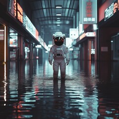 An astronaut walking through a flooded retro shopping mall, glowing advertisement signs in foreign language, soft ripples in water, moody light shafts, ultra-realistic photo