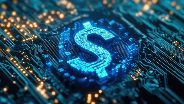 A vibrant blue dollar sign made of digital circuitry. illuminated against a dark background. symbolizing finance and technology. ideal for financial and tech-related themes