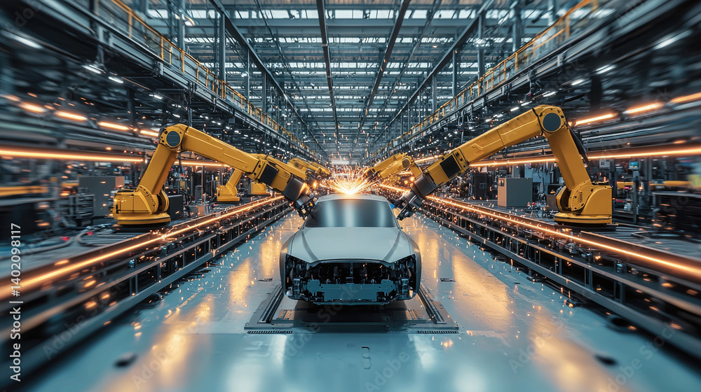 Aufkleber Automated robotic arms in modern factory setting, working on vehicle assembly line, showcasing advanced technology and efficiency. scene is vibrant and dynamic, filled with sparks