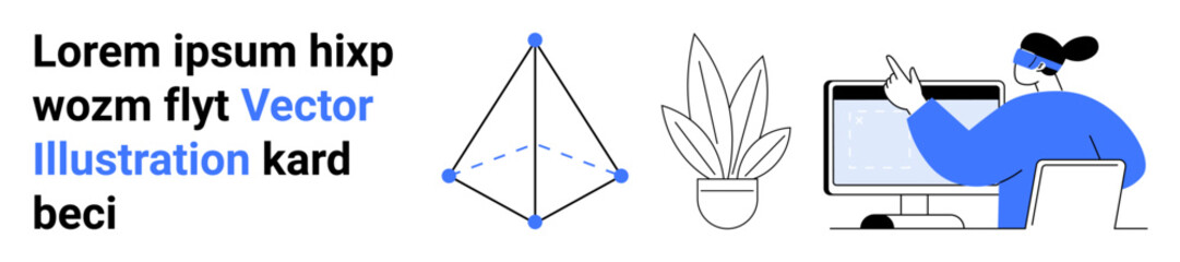 Creative professional pointing at screen showing 3D model, potted plant adding decor. Ideal for creativity, technology, design, collaboration, innovation, digital workspace, flat landing page banner