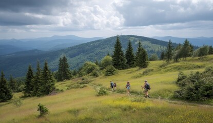 Hikers explore serene mountain trails under a cloudy sky.