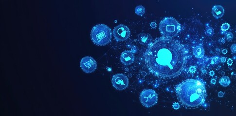 A digital interface showcasing various communication icons. including emails. user profiles. and settings. set against a dark blue background. ideal for tech-related content