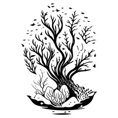 Monochrome Silhouette of a Tree, Vector Element