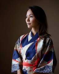 Fototapeta premium Elegant Woman in Traditional Kimono Posing Gracefully for Portrait