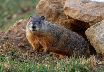 Naklejka premium Groundhog emerges from burrow in a grassy area, displaying its brown and gray fur.