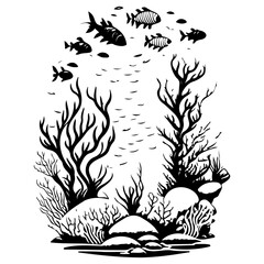 Monochrome Aquatic Ecosystem with School of Fish