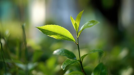 Obraz premium Close-up of vibrant green leaf with sunlight highlighting its intricate texture.