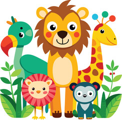 Naklejka premium Set of colorful cartoon jungle animals including lion, monkey, giraffe, and parrot